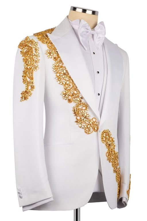 White Peak Lapel Prom Wedding Suit with Gold Crystal