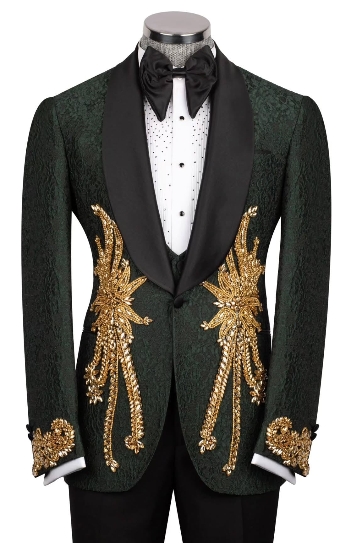 Dark Green Jacquard Gold Crystal Wedding Groom Suits