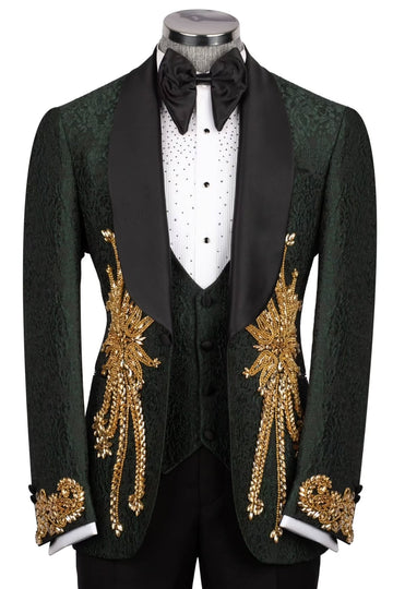 Dark Green Jacquard Gold Crystal Wedding Groom Suits