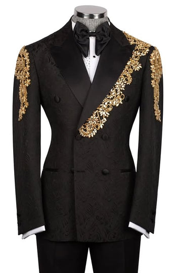 Black Jacquard Double Breasted Men Suits with Crystal