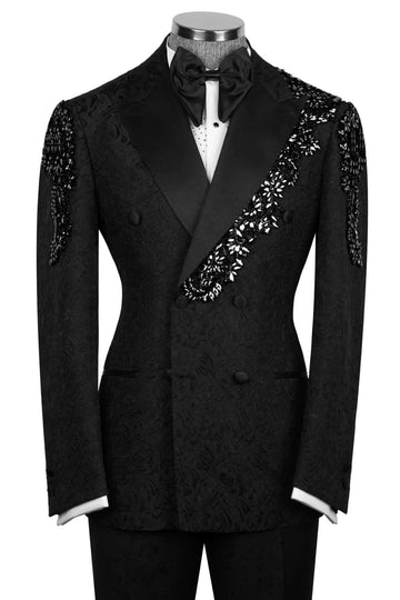 Black Jacquard Double Breasted Crystal Prom Men Suits