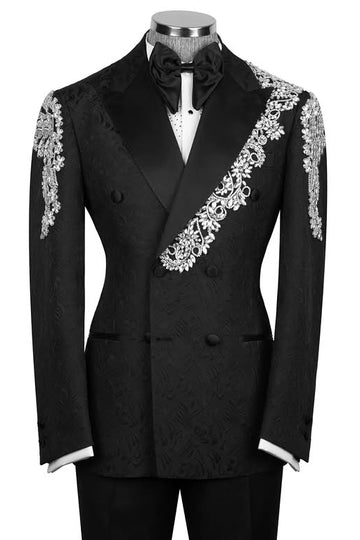 Black Jacquard Double Breasted Prom Suits with Silver Crystal