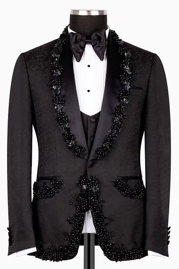 Black 3-Pieces Jacquard Shawl lapel Wedding Men Suits with Crystal