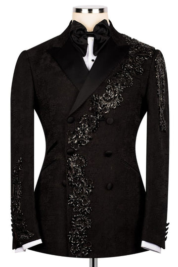 Black Jacquard Double Breasted Slim Fit Prom Suits with Crystal
