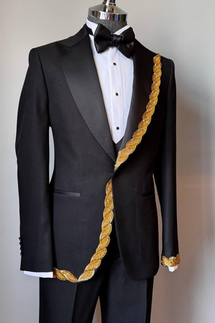 Cool Black 3-Piece Best Fitted Prom Suits with Gold Crystal
