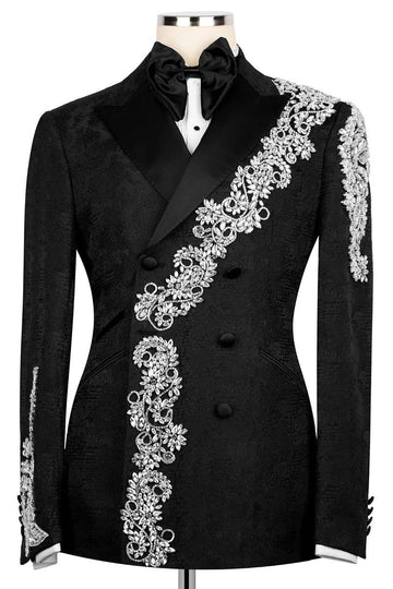 Cool Jacquard Double Breasted Slim Fit Prom Suits with Silver Crystal