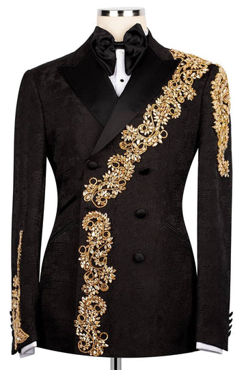 Chic Jacquard Double Breasted Slim Fit Prom Suits with Black Crystal