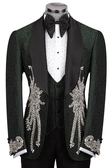 Dark Green Jacquard Wedding Groom Suits with Silver Crystal