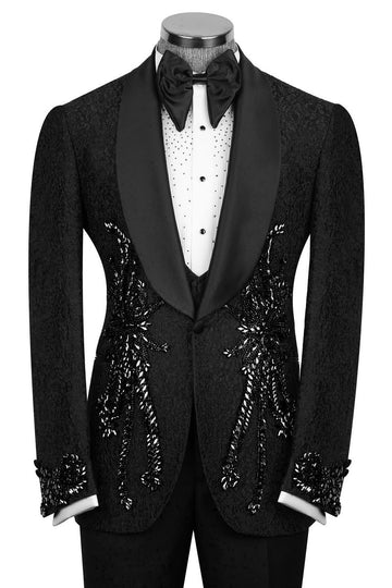 Black 3-Piece Jacquard Wedding Groom Suits with Crystal