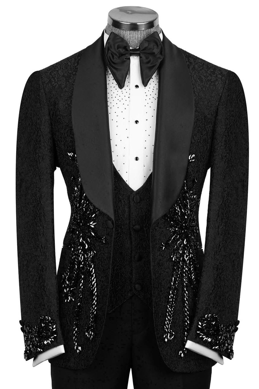 Black 3-Piece Jacquard Wedding Groom Suits with Crystal
