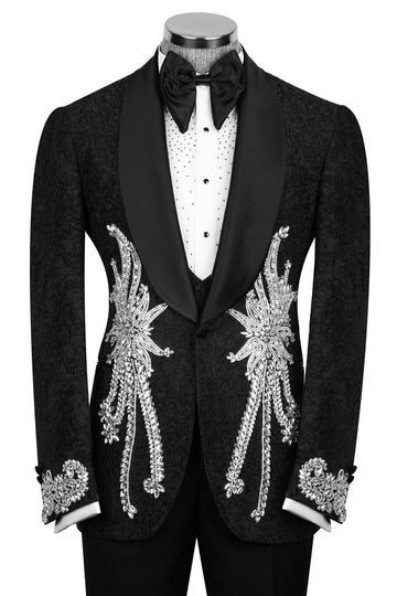3-Piece Jacquard Wedding Groom Suits with Silver Crystal