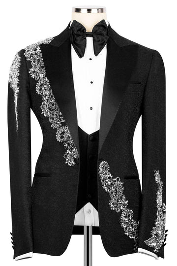 Black Jacquard Peak Lapel Bespoke Prom Wedding Suit with Silver Crystal
