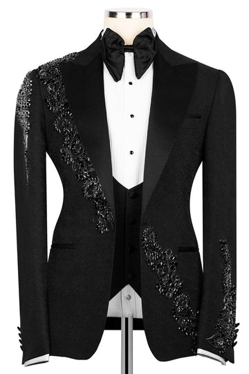 Black Jacquard 3-Piece Crystal Bespoke Prom Wedding Suit