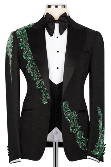 Black Jacquard 3-Piece Bespoke Prom Wedding Suit with Green Crystal