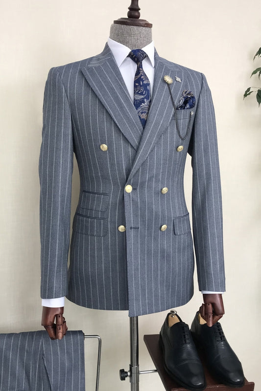 Sharp Stripes Double Breasted Peaked Lapel Gray Formal Business Suit