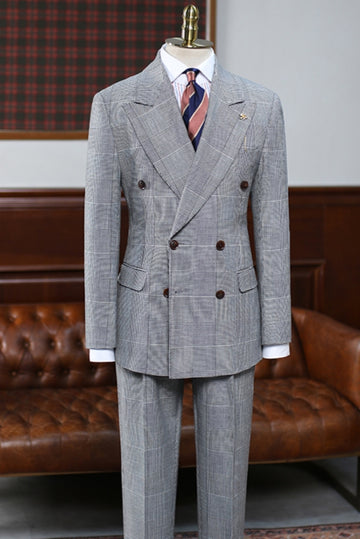 Wide Peaked Lapel Double Breasted Gray Plaid Men's Business Suit