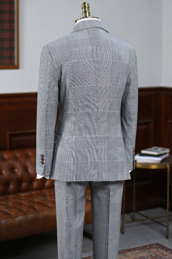 Wide Peaked Lapel Double Breasted Gray Plaid Men's Business Suit
