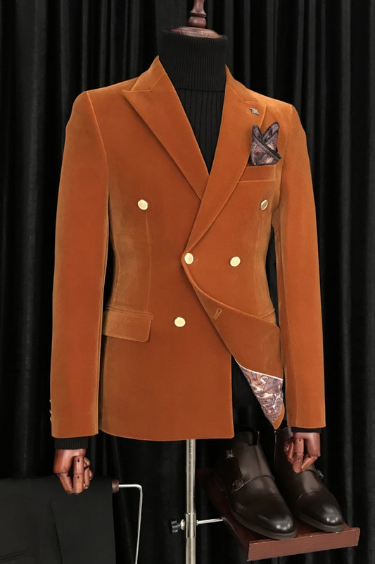 Well-Fitted Double Breasted Orange Velvet Men's Suit with Black Pants
