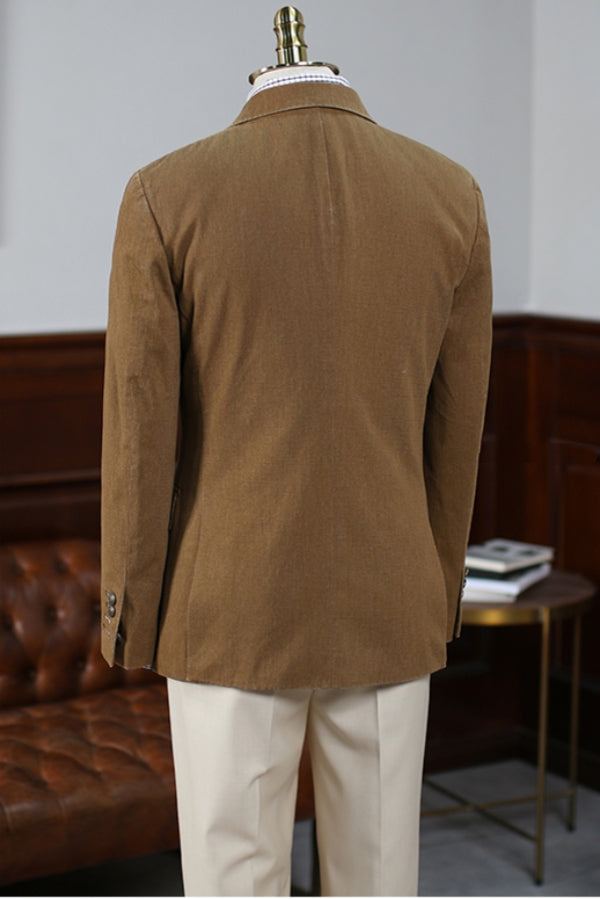 Retro Gentlemen Brown Denim Washed Double Breasted Blazer Coat (No Pants)