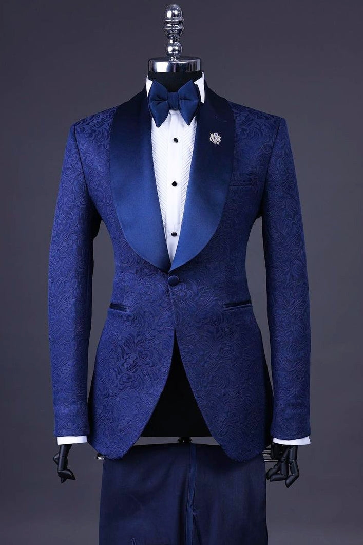 Luxurious Navy Blue Jacquard Satin Shawl Lapel Prom Suit Wedding Tuxedo