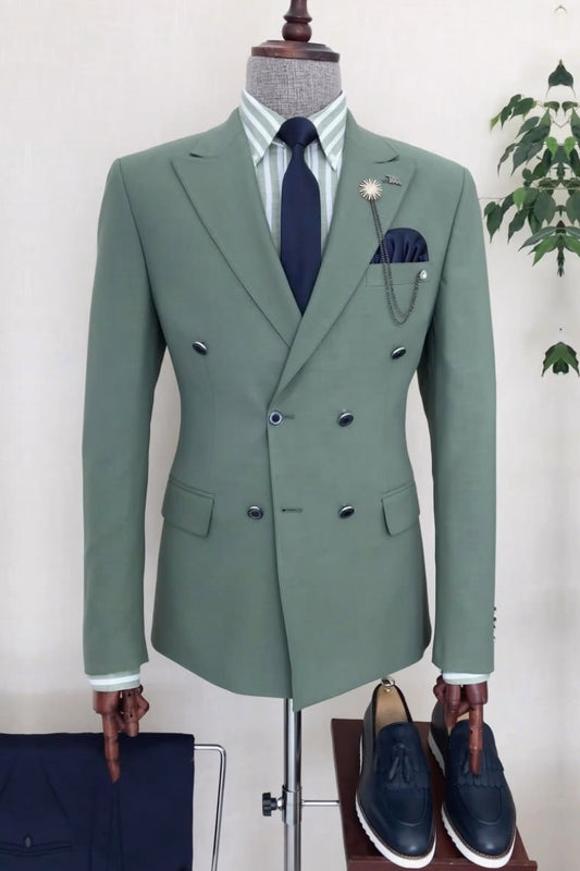 Latest Double Breasted Casual Peaked Lapel Eucalyptus Green Business Suit