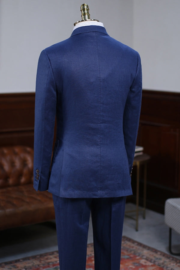 Cozy Royal Blue Double Breasted Linen Suit for Summer Business