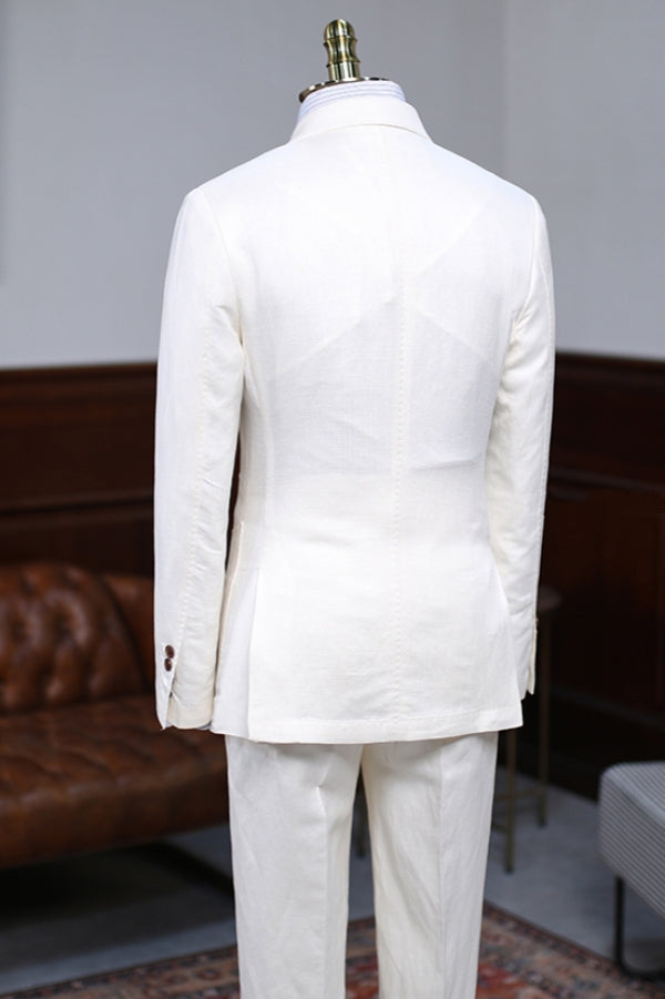 Popular Double Breasted Soft White Summer Linen Suit with Patch Pockets