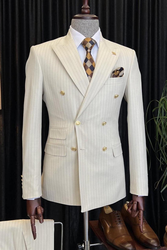 Exquisitely Tailored Pinstripe Double Breasted Beige Business Formal Suit