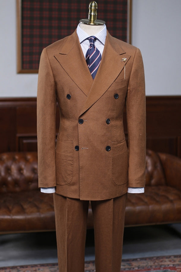 Latest Tobacco Brown Linen Suit for Summer with Double Breasted Patch Pockets