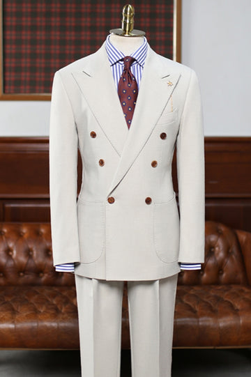 Italian Naples Double Breasted Peaked Lapel Light Gray Wool Suit for Men