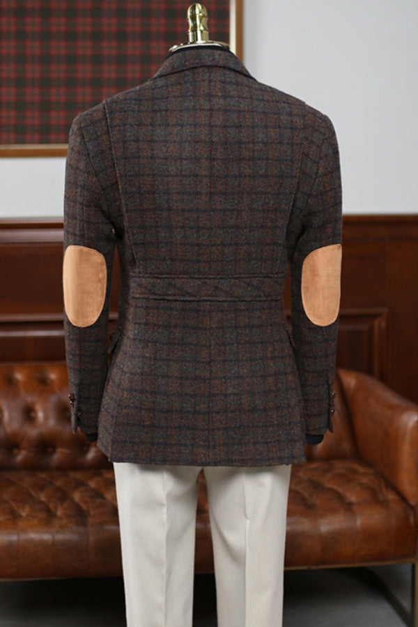Retro Dark Brown Tweed Plaid Blazer for Men with Suede Patches (No Pants)