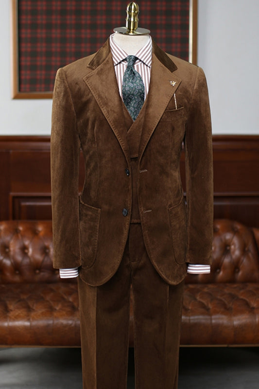 Vintage Dark Brown 3 Piece Corduroy Suit for Men with Waistcoat for Winter