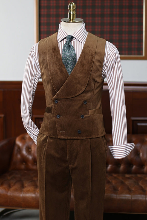 Vintage Dark Brown 3 Piece Corduroy Suit for Men with Waistcoat for Winter