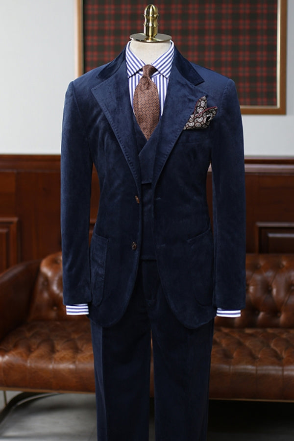 3 Piece Winter Navy Blue Corduroy Suit for Men with Waistcoat