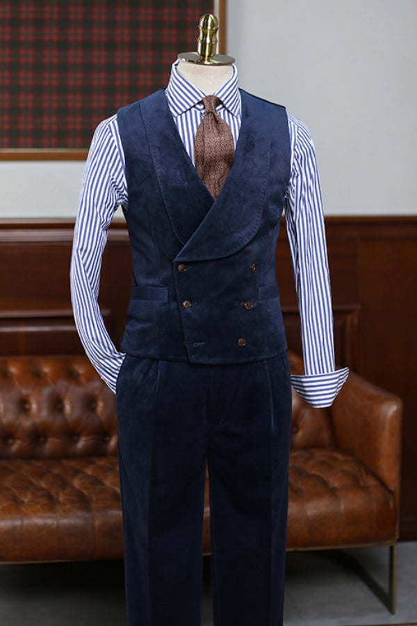 3 Piece Winter Navy Blue Corduroy Suit for Men with Waistcoat