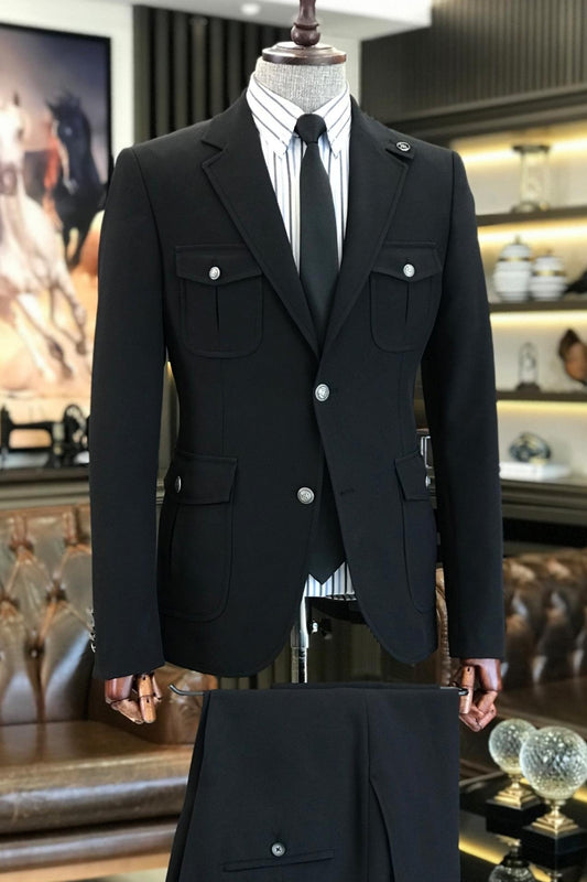 Vintage Symmetrical Patch Pockets Black Men's Formal Business Suit