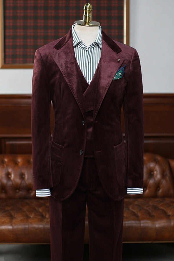 Fashion 3 Piece Burgundy Corduroy Men's Suit with Waistcoat for Winter