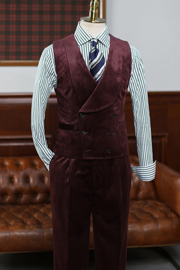 Fashion 3 Piece Burgundy Corduroy Men's Suit with Waistcoat for Winter