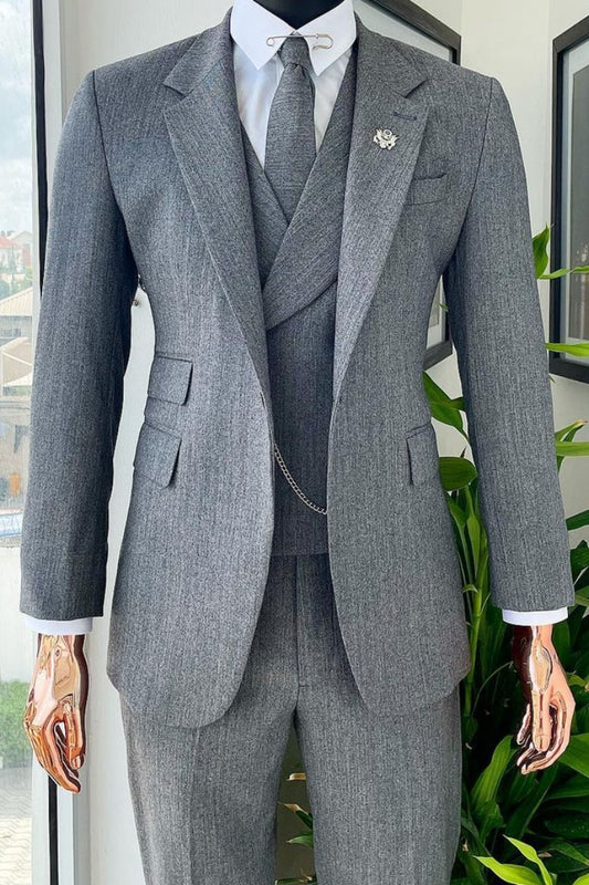 Elegant Gray Pinstripe 3 Piece Men's Business Formal Suit with Flap Pockets