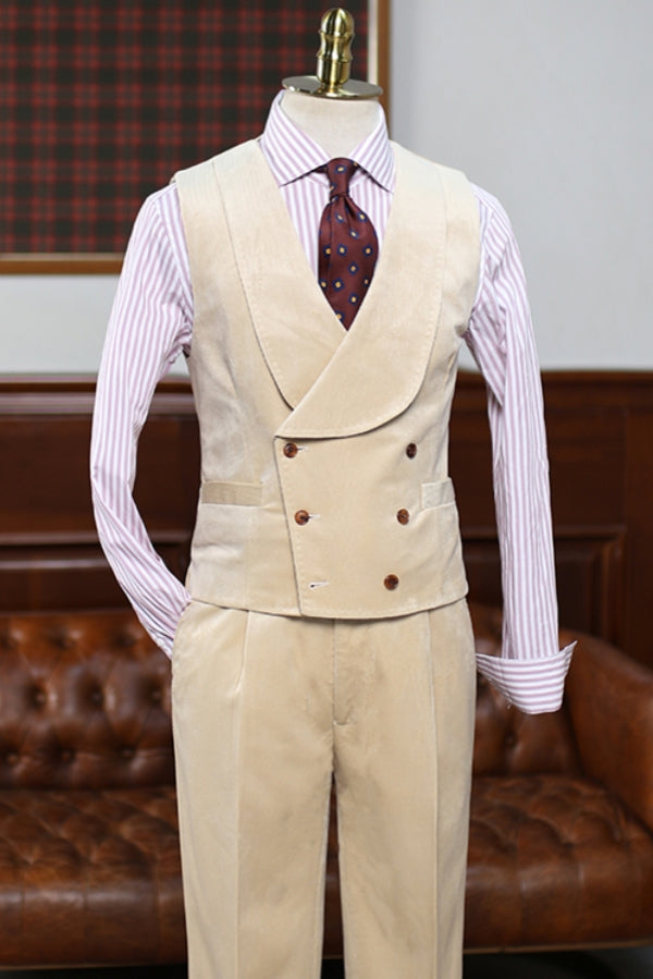 Gentlemen Notched Lapel 3 Piece Khaki Corduroy Business Suit with Waistcoat