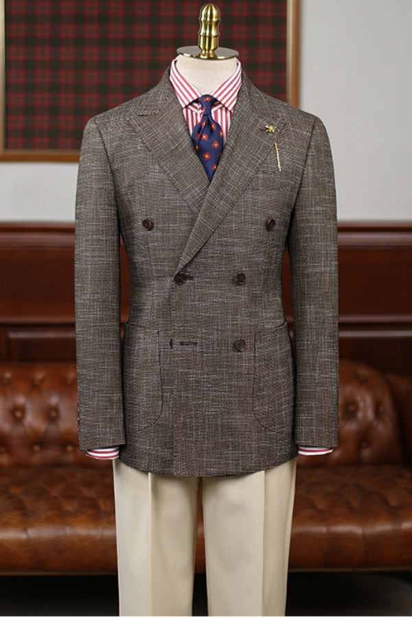 Brown Random Pattern Double Breasted Peaked Lapel Retro Blazer (No Pants)