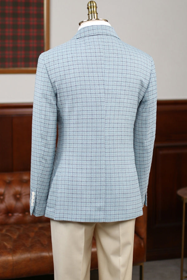 Stylish Woven Blue Plaid Double Breasted Men's Blazer for Business (No Pants)