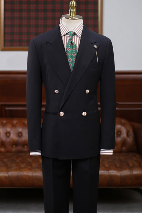 Italian Style Black Wool Double Breasted Men's Business Suit