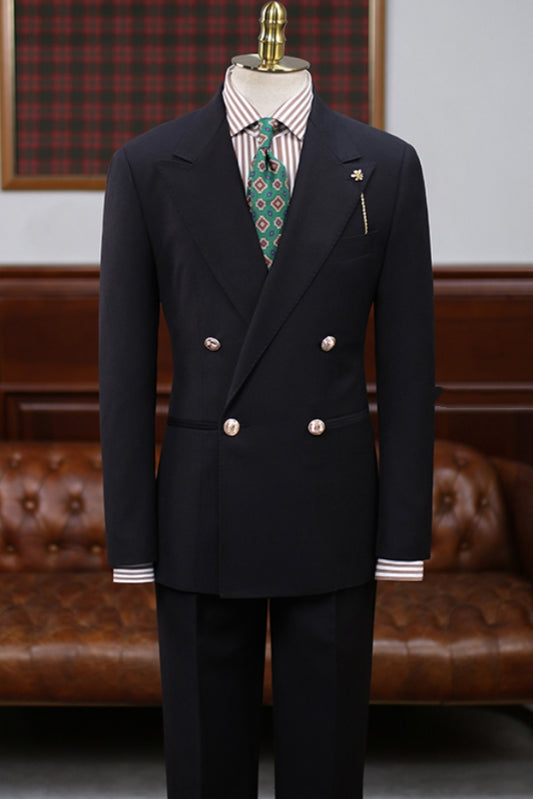 Italian Style Black Wool Double Breasted Men's Business Suit