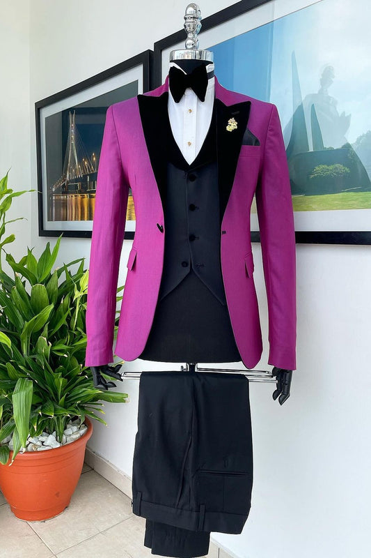 Exquisitely Tailored 3 Piece Spliced Fuchsia Men's Formal Suit