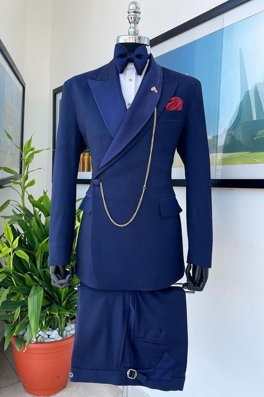 Matte Navy Blue Double-Layer Peaked Lapel Side One Button Business Suit