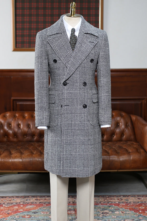 Classic Gray Plaid Double Breasted Long Wool Men's Overcoat