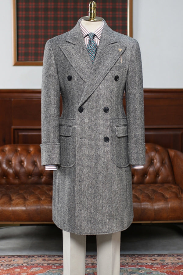 Vintage Dark Gray Herringbone Double Breasted Tweed Wool Overcoat