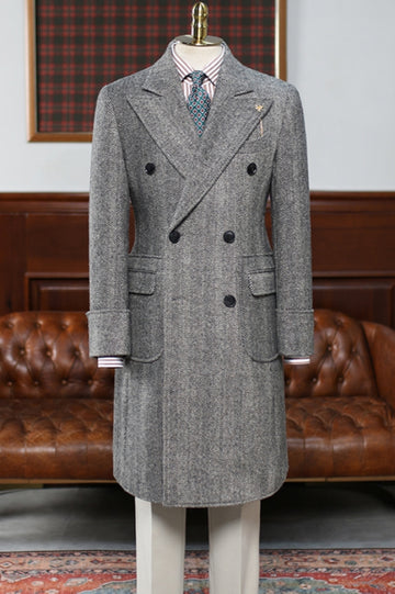 Vintage Dark Gray Herringbone Double Breasted Tweed Wool Overcoat