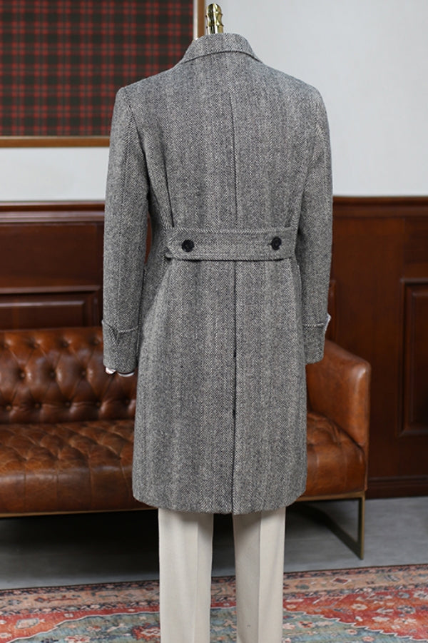 Vintage Dark Gray Herringbone Double Breasted Tweed Wool Overcoat
